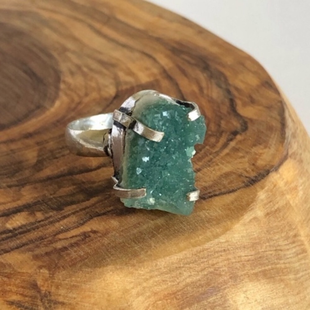 Green Druzy Silver Plated Ring